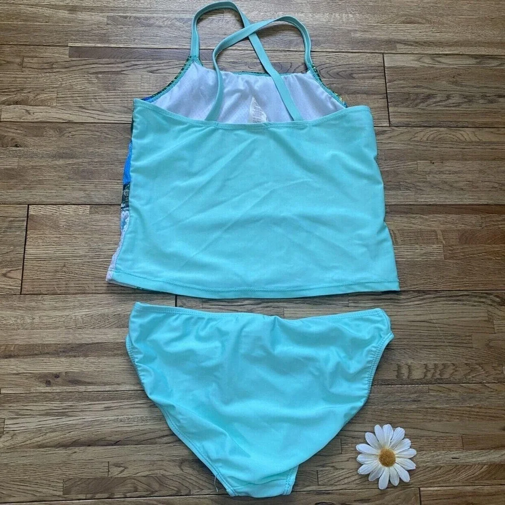 OP Ocean Pacific Mint & Multi-Color Mesh Hawaiian Tankini Swim Top And Bottoms X
